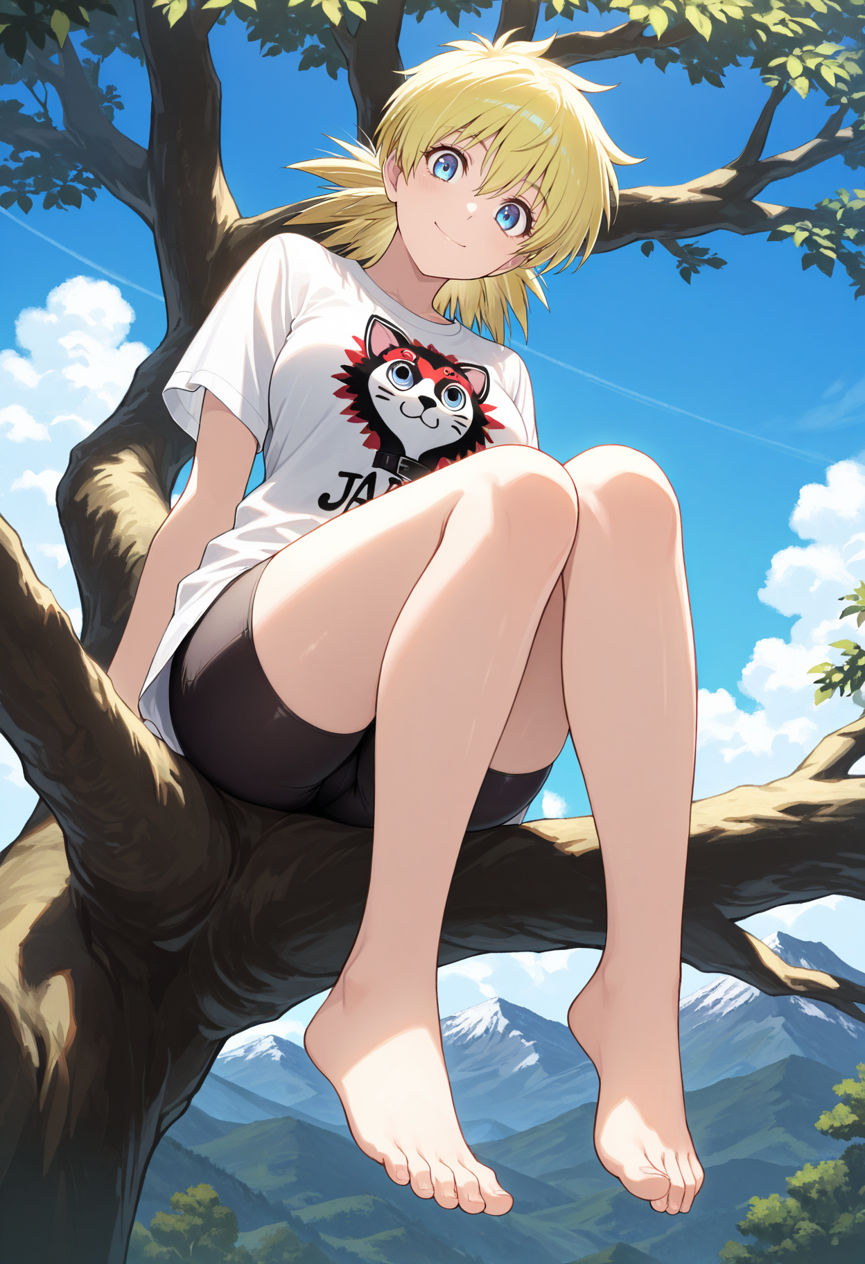 masterpiece, best quality, 1girl, solo, seras victoria, blonde hair, casual, t-shirt, short sleeves, bike shorts, print shirt, outdoors, (rural), japan, sitting in tree, in tree, sitting, tree, from below, barefoot, feet, blue eyes, mountain, bare legs, thighs, looking at viewer, closed mouth, smile