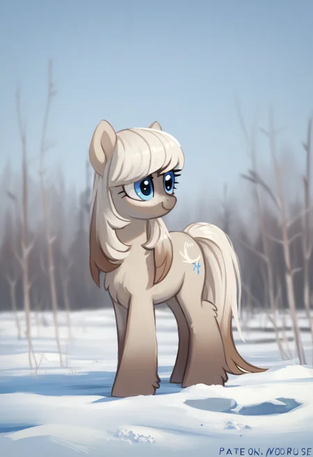 score_9, score_8_up, score_7_up, score_6_up, score_5_up, score_4_up, rating_safe, oc:cirrus wisp, female, mare, pony, solo, oc, outdoors, snow, winter, oc only, blue eyes, detailed background, yakutian horse, detailed, beautiful, <lora:Snow_Ponies-000008:1>