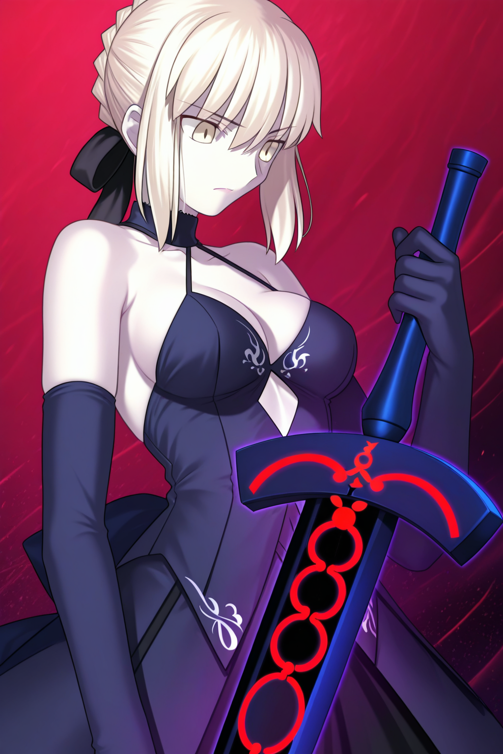 masterpiece, best quality, amazing quality, artoria pendragon \(fate\), saber alter, fate \(series\), 1girl, <lora:TYPE-MOON_Style:1>, type-moon, abstract background, alternate breast size, armpit crease, bare shoulders, black collar, black dress, black gloves, black ribbon, blonde hair, braid, breasts, cleavage, closed mouth, collar, collarbone, cowboy shot, crown braid, cutout above navel, dress, elbow gloves, excalibur morgan \(fate\), gloves, glowing, glowing sword, glowing weapon, hair between eyes, hair ribbon, holding, holding sword, holding weapon, large breasts, lips, looking down, medium hair, ribbon, sideboob, solo, sword, weapon, yellow eyes