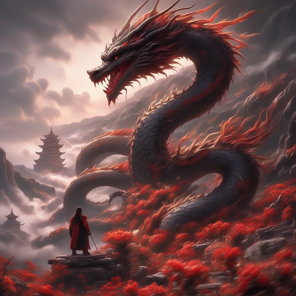 chinese dragon,  weapon, sword, holding, holding weapon,red and black clothes, man, long hair, cloud, standing,  hill  , flowers,Artstyle Impressionist<lora:20240205_spring_dragon_checkpoint-4000:1.0>