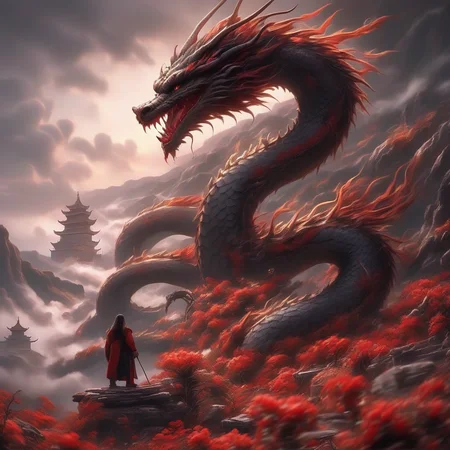 chinese dragon, weapon, sword, holding, holding weapon,red and black clothes, man, long hair, cloud, standing, hill , flowers,Artstyle Impressionist<lora:20240205_spring_dragon_checkpoint-4000:1.0>