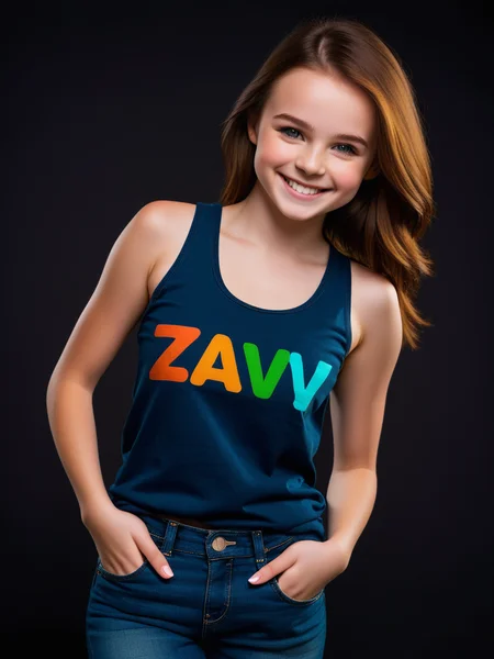A cute Irish girl, jeans, a cotton tank top with the word (Zavy:2), , smiling, , dark background, beautiful,realistic, vibrant colors, 8k, sharp, half body shot  <lora:sd_xl_offset_example-lora_1.0:0.5>
