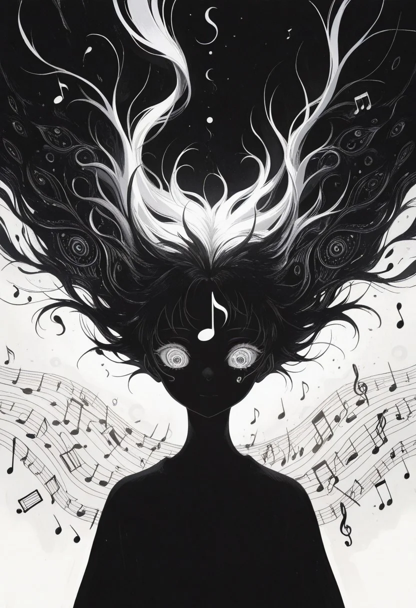 surreal , high contrast , black and white , concept , abstract , abnormal ,absurd , musical theme , musical note , music sheet circles , abnormal face, (music note face ) , majestic , ending ,
masterpiece, best quality ,amazing quality ,15546+456868, usnr ,