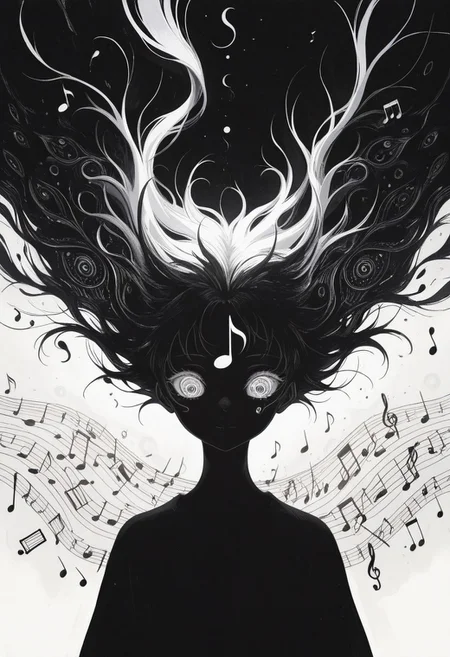 surreal , high contrast , black and white , concept , abstract , abnormal ,absurd , musical theme , musical note , music sheet circles , abnormal face, (music note face ) , majestic , ending ,
masterpiece, best quality ,amazing quality ,15546+456868, usnr ,
