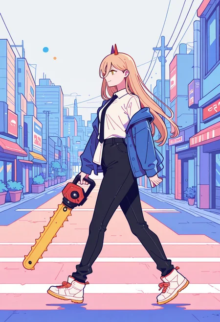<lora:Power_Illustrious:.7> , Power_(Chainsaw_Man), yellow eyes, (blonde hair), long hair, red horns, smiling, closed mouth, collared shirt, white shirt, black necktie, blue jacket, black pants, off shoulder, open jacket, white sneakers, (((slim body))), skindentation, fat thighs, wide hips, outdoors, (((Walking))), side view, tokyo city, Flatline, Flat vector illustration, summer