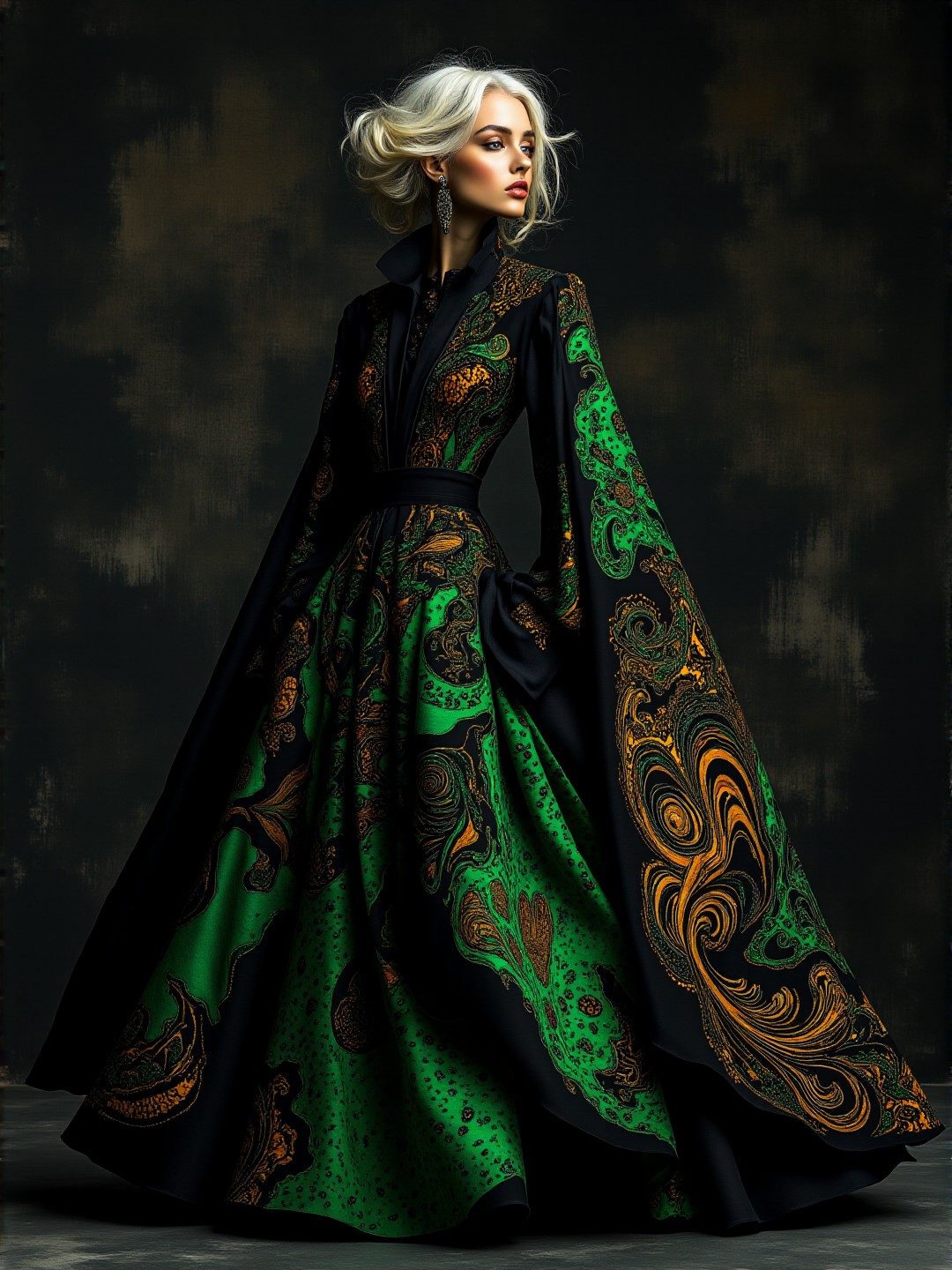 A minimalistic black-toned fashion shoot illustration depicting a (Dutch grandmother:1.1) modelling a rococo nothing that utilises baize and cashmere material. The clothing tightly hugs the person and is decorated with intricate black and green fractal designs. The overall feel of the image is dynamic and impossible. Additionally, the backdrop shows comcept drawings of the clothing, rendered in fine flowing lines and appliqued bronzeleaf. The general effect is of timeless fine art elegance. <lora:midjourney_whisper_avant_couture_v01:1>