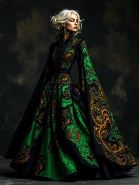 A minimalistic black-toned fashion shoot illustration depicting a (Dutch grandmother:1.1) modelling a rococo nothing that utilises baize and cashmere material. The clothing tightly hugs the person and is decorated with intricate black and green fractal designs. The overall feel of the image is dynamic and impossible. Additionally, the backdrop shows comcept drawings of the clothing, rendered in fine flowing lines and appliqued bronzeleaf. The general effect is of timeless fine art elegance. <lora:midjourney_whisper_avant_couture_v01:1>