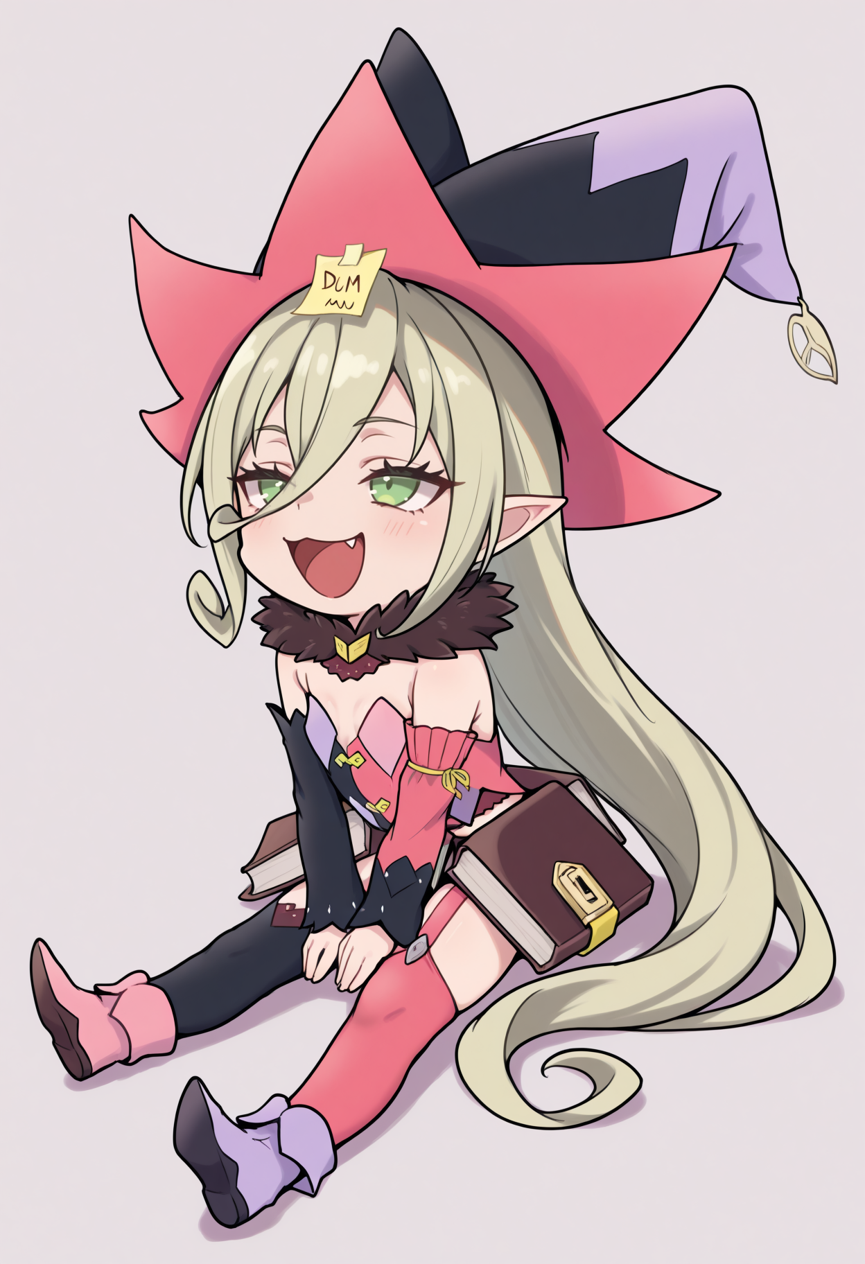 masterpiece, best quality, 1girl, solo, M4gil0u, green eyes, pointy ears, blonde hair, very long hair, hair between eyes, witch hat, fur collar, multicolored vest, strapless, detached sleeves, mismatched sleeves, book skirt, asymmetrical legwear, thighhighs, garter straps, mismatched footwear, chibi, meme, (dum sticky note:1.4), sticky note, sticky note on head, sitting, on floor, :d, happy, laughing, <lora:ChamMagilouIllustriousXL:1>