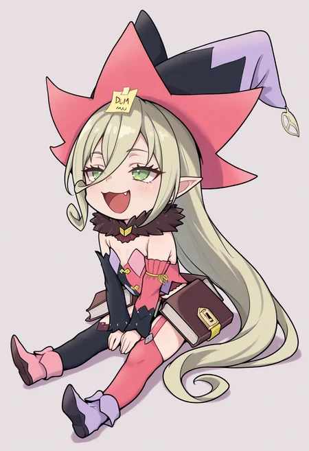 masterpiece, best quality, 1girl, solo, M4gil0u, green eyes, pointy ears, blonde hair, very long hair, hair between eyes, witch hat, fur collar, multicolored vest, strapless, detached sleeves, mismatched sleeves, book skirt, asymmetrical legwear, thighhighs, garter straps, mismatched footwear, chibi, meme, (dum sticky note:1.4), sticky note, sticky note on head, sitting, on floor, :d, happy, laughing, <lora:ChamMagilouIllustriousXL:1>