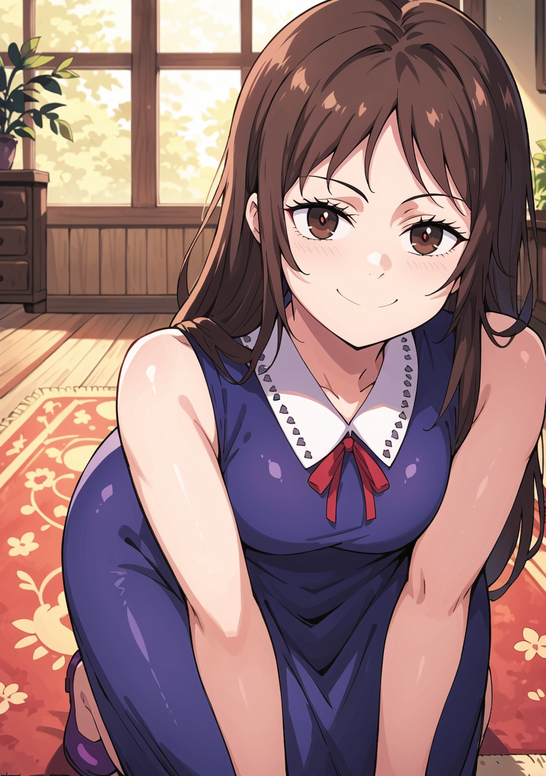 score_9, score_8_up, score_7_up, source_anime,  Rika Orimoto, Rikaorimotopony, blue dress, twirling, (brown eyes, black pupils),  legs, red ribbon, sleeveless, brown hair,  long hair, on all fours,  looking at viewer, smug,  indoors, rug,  medium hips,  purple footwear   <lora:orimoto_rika-000001 (1):1>