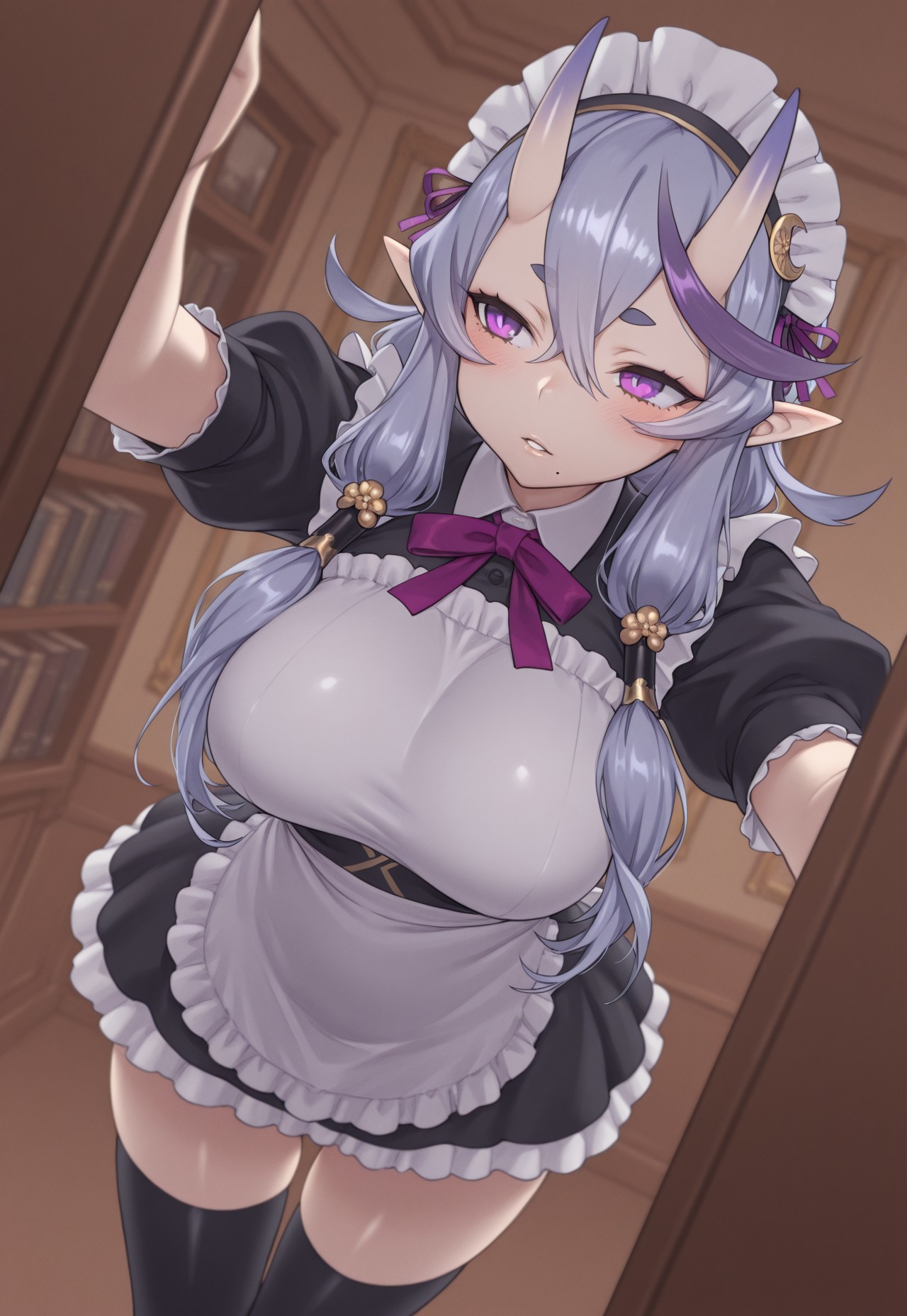 masterpiece, best quality, Z0nt4, (((1girl))), solo,

((nijimikoto,large breasts,purple eyes,short eyebrows,light purple hair,black streaked hair,pointy ears,skin-covered horns,mole under mouth,make up,short stature,long hair,hair between eyes,low twintails,hair tubes,crescent hair ornament,purple ribbon, maid dress, apron, head dress, parted lips, blush))

reaching to the book shelf, dynamic pose, zettai ryouiki, thighs, dutch angle, low angle,

indoors, mansion background, day time,