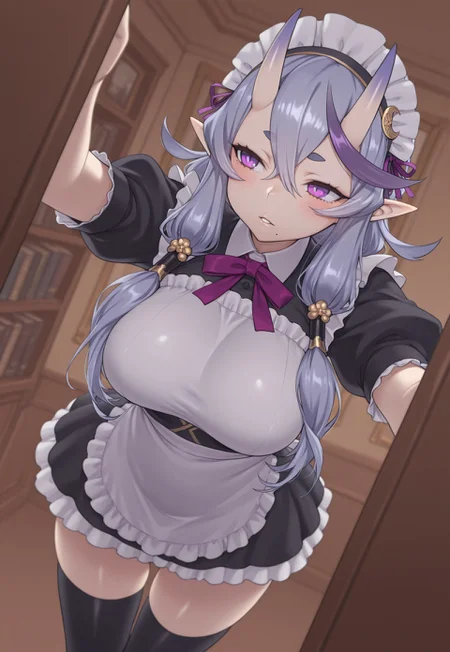 masterpiece, best quality, Z0nt4, (((1girl))), solo,
((nijimikoto,large breasts,purple eyes,short eyebrows,light purple hair,black streaked hair,pointy ears,skin-covered horns,mole under mouth,make up,short stature,long hair,hair between eyes,low twintails,hair tubes,crescent hair ornament,purple ribbon, maid dress, apron, head dress, parted lips, blush))
reaching to the book shelf, dynamic pose, zettai ryouiki, thighs, dutch angle, low angle,
indoors, mansion background, day time,