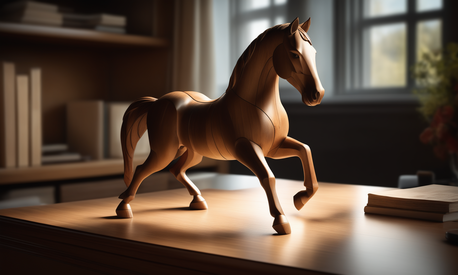 <lora:woodcarvingcd_xl-000005:0.8>,a statue of a horse made of wooden in office scene,woodcarvingcd_xl,wood carving,indoors,chinese zodiac,wooden table,cutie,cute,still life,animal statue,front view,facing viewer,looking at viewer,(Unbelievable Digital Artwork:1.3),fine art,CGSociety,ArtStation,master works, emotional, harmonious, high budget, moody, epic, gorgeous, perfect lighting, realistic, photorealistic, photographic, photo (medium),real, moody lighting, volumetric lighting, reality ray tracing, 8K, HDR, UHD, masterpiece, best quality, highly detailed, high resolution, finely detail, extremely detailed, ultra detailed, wallpaper