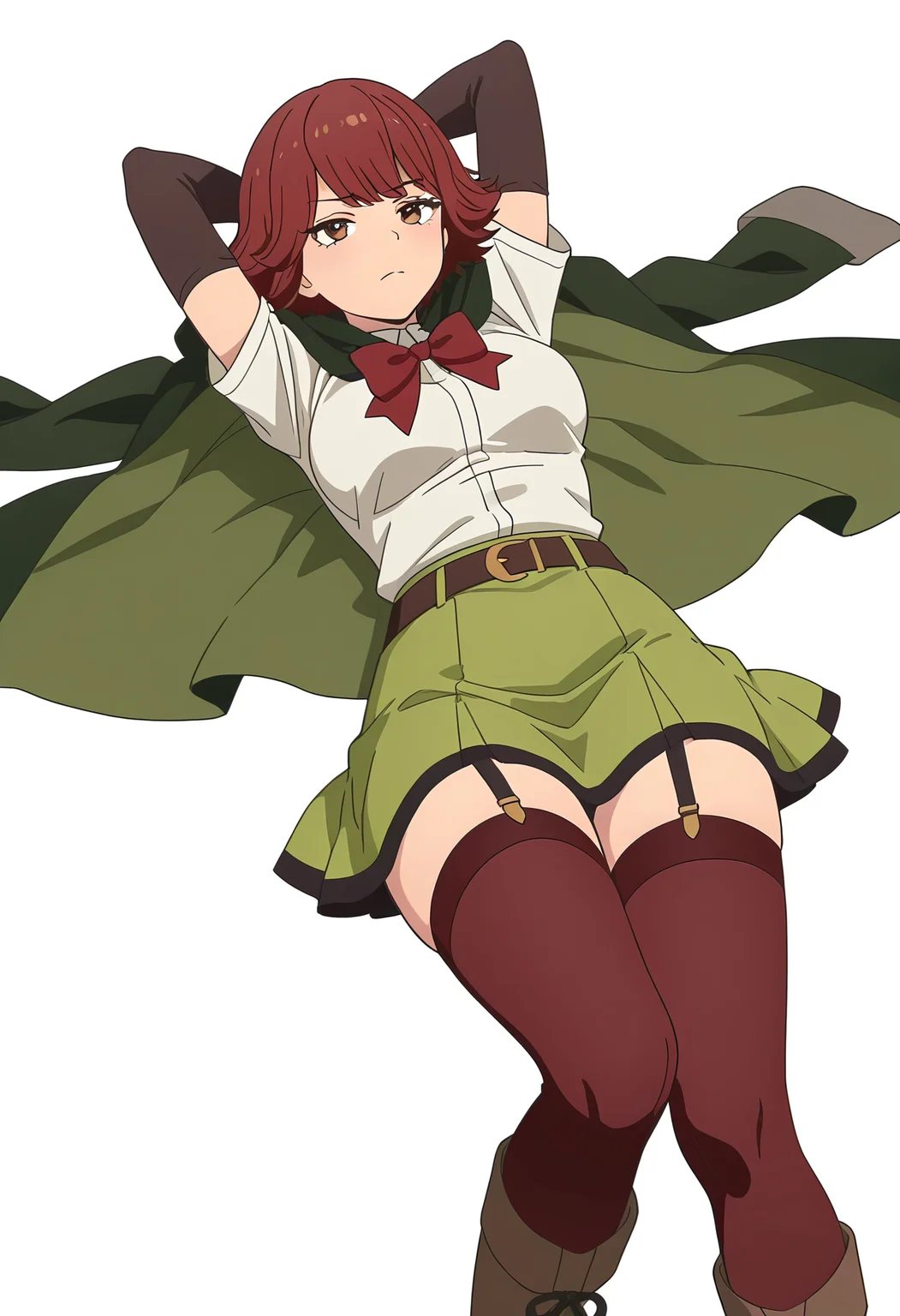 Smooth Quality,masterpiece,very intricate, high quality details, ultra realistic, high detailed skin,detailed enviorement,
simple background, white background, 
,disdain,lying, hands behind head, knee bent, relaxed, casual,  ,
 <lora:Byleri_Cinabrio:0.8> byleri/cnn, 1girl,short hair, brown hair, brown eyes, red hair, white shirt, green skirt, thighhighs, cloak, cape, belt, elbow gloves, garter straps,boots,red bowtie,