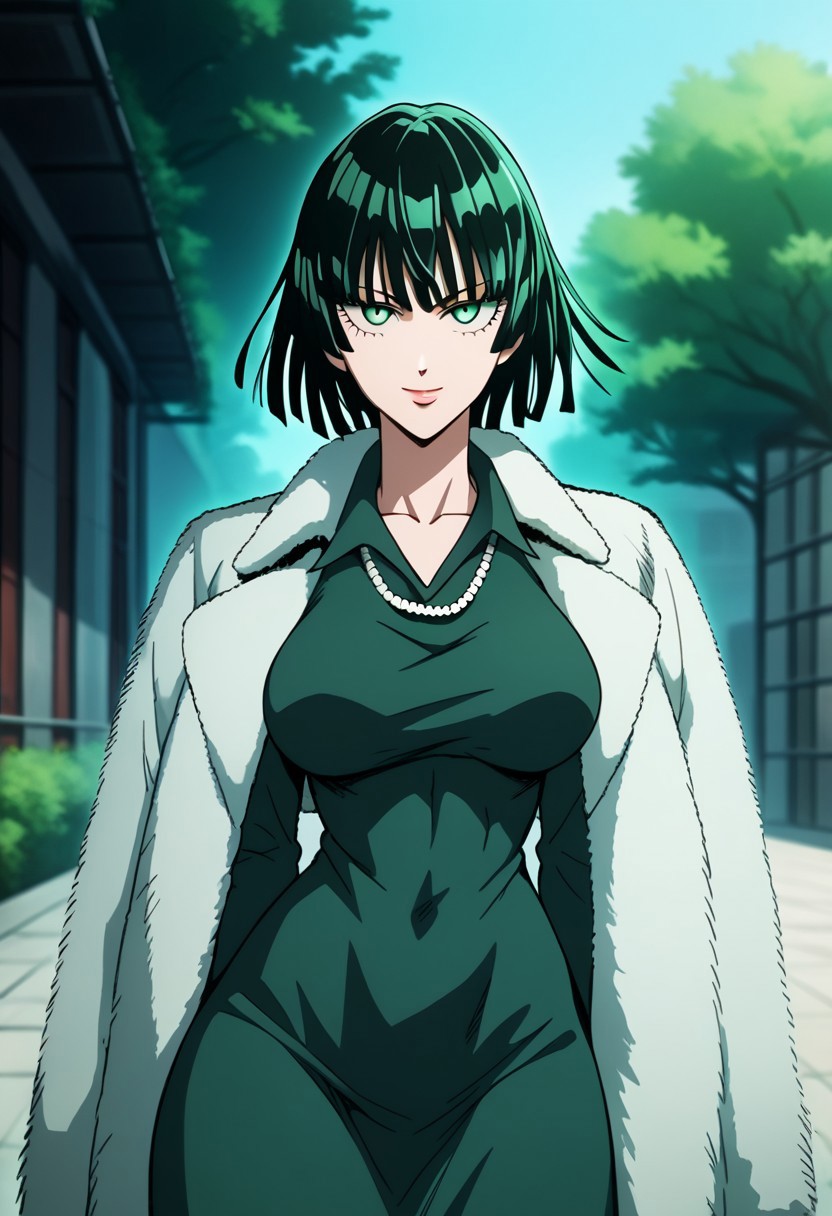 score_9,score_8_up,score_7_up,source_anime, FUBUKI_(ONE_PUNCH_MAN),1girl,solo,breasts,looking at viewer,smile,large breasts,long sleeves,dress,closed mouth,jewelry,jacket,necklace,coat,lips,glowing,green dress,taut clothes,fur coat,telekinesis,