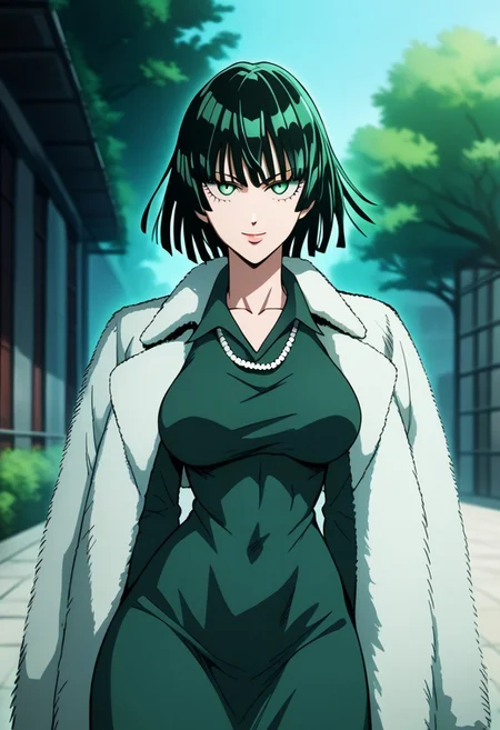 score_9,score_8_up,score_7_up,source_anime, FUBUKI_(ONE_PUNCH_MAN),1girl,solo,breasts,looking at viewer,smile,large breasts,long sleeves,dress,closed mouth,jewelry,jacket,necklace,coat,lips,glowing,green dress,taut clothes,fur coat,telekinesis,