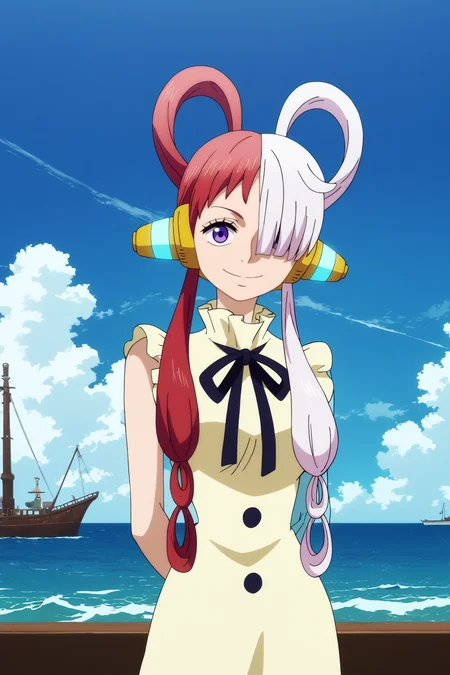 uta,1girl,solo,headphones,multicolored hair,two-tone hair,white hair,split-color hair,hair rings,long hair,smile,hair over one eye,looking at viewer,ribbon, hands behind the back, head tilt, BREAK outdoors,pirate_ship,blue sky,sea,palm tree <lora:Uta_-_One_Piece.safetensors:0.9> <lora:detailed_backgrounds_v2.safetensors:0.6>,