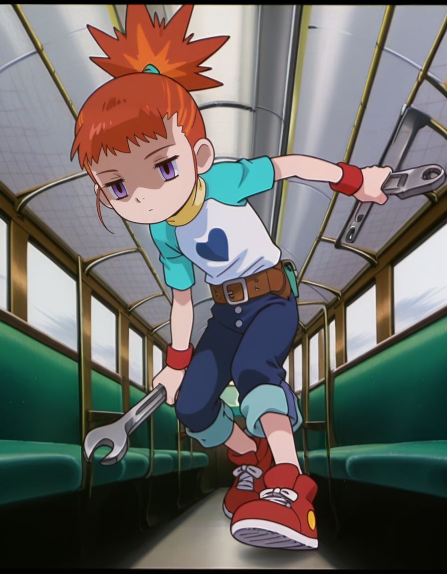masterpiece, best quality, incoming attack, holding a single long wrench, solo, inside a train background, full body, 
, skinny, shaded face, empty eyes, expressionless, 
<lora:Mind_Controlled_Rika:1>, rik0, 1girl, orange hair, high ponytail, female child, purple eyes, raglan sleeves, yellow turtleneck, belt, blue pants, wristband, red footwear, pants rolled up,