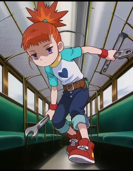 masterpiece, best quality, incoming attack, holding a single long wrench, solo, inside a train background, full body,
, skinny, shaded face, empty eyes, expressionless,
<lora:Mind_Controlled_Rika:1>, rik0, 1girl, orange hair, high ponytail, female child, purple eyes, raglan sleeves, yellow turtleneck, belt, blue pants, wristband, red footwear, pants rolled up,
