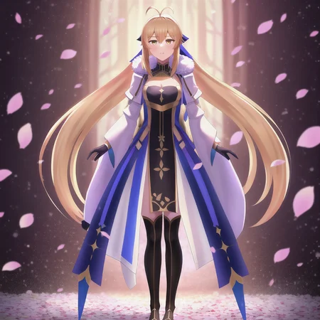 <lora:castoriaV4:0.7>, 1girl, solo, ahoge, blonde_hair, blue_ribbon, long_hair, hair flowing over, ribbon, gold trim, full body, wide shot, (genshin impact:0.85), (utawarerumono:0.85), (rwby:0.85), high definition, masterpiece, best quality, highly detailed, intricate, face, yellow eyes, castoria, fur, fur trim, fur collar, hands, cherry blossoms, cherry blossoms, blurry background