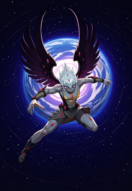masterpiece, best quality, very aesthetic, absurdres, vectoryugioh, solo, full body, alien, 1boy, purple eyes, wings, white hair, grey skin, mouthless, jewelry, sharp nails, bracelets, skirt, boots, BREAK, (extreme perspective, dynamic composition, dynamic pose:1.2), planet, space