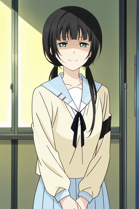 anime screencap, anime coloring, detailed face, perfect fingers, masterpiece, best quality, very aesthetic, absurdres, volumetric lighting,
 <lora:Chizuru_Hishiron_Hishiro_ReLife:1>
outside of a school,
Chizuru Hishiron Hishiro (character), 1girl, solo, black hair, long hair, low twintails, bangs, green eyes, mole, School uniform, serafuku, sailor collar, long sleeves, shaded face, smile, cowboy shot, looking at the viewer,