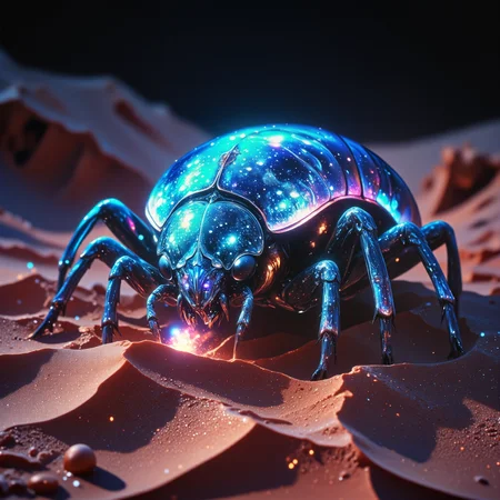 marvellous and otherworldly scenery on a distant planet, very aesthetic, extremely detailed, masterwork, golden ratio, award-winning macro photo, short depth of field, hyper realistic, ultra high definition, dim lighting, twilight, bioluminescence, subsurface scattering, the feeble "unfazed virdglimmerer" is a shimmering scavenger that thrives among the shifting sands of the scorching deserts on planet "blunderbuss secundus." its nigh impenetrable exoskeleton, covered in tiny refractive plates, protects it from the nurglefizzled predators of the desert. these incredibly durable creatures roam the grobfunkled desert, searching for tiny swirblenuggets that are left behind after each of the frequent hurlistorms of this world. their habitat is a dazzling expanse of glimmering dunes, where the shifting light creates a constantly frizzing and fluxflaring landscape, perfect proportions, gorgeous, beautiful, detailed expressive eyes, dappled lighting, ovg, arsmoviestill, dndgr41nyb0yz style, <lora:style-80s_fantasy_movie-v3-flux-by_arsmachina:0.92> <lora:style-dnd_grainyboyz-romulus-flux-by_kimwithdapuss:0.48> <lora:image_enhancer-flux-by_dever:0.8>