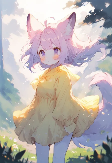 masterpiece, best quality, amazing quality, high quality, wide angle, score_9, score_8_up, score_7_up, source_anime,1girl, (light pink big tail:1.1),squirrel furry female, anthro, hillside,gress,side view, cute,kawaii,(light pink hair:1.1 AND light purple hair:0.95),(multicolored hair:1.2),very long hair,high twintails, ahoge,blue eyes, yellow priness dress,fox ears,white pantyhose, fold-over boots,detailed_eye,backlighting,wind,summer,