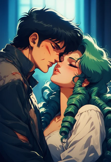 (score_9, score_8_up), score_7_up, 1girl, long hair, short hair, blue eyes, black hair, 1boy, closed eyes, hetero, green hair, lips, makeup, drill hair, couple, curly hair, injury, retro artstyle, retro
<lora:nostalgia-000011:0.8>