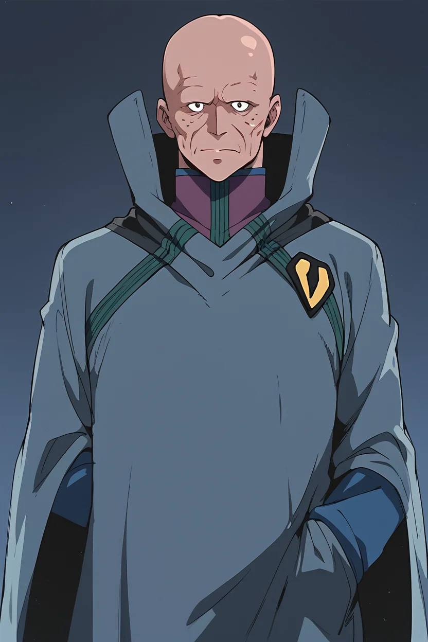 score_9, score_8_up, score_7_up, best quality, masterpiece, source_anime, zPDXL3, BREAK 1boy, , bald, boddolezar, old man,<lora:BoddleZer_Macross_ponyXL:1> cowboy shot, simple background,
