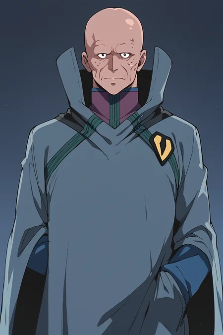 score_9, score_8_up, score_7_up, best quality, masterpiece, source_anime, zPDXL3, BREAK  1boy, , bald, boddolezar, old man,<lora:BoddleZer_Macross_ponyXL:1> cowboy shot, simple background,
