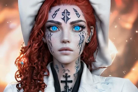bright red hair, human female, (feminine:1.7), (beautiful face, detailed face:1.6), (beautiful eyes, detailed eyes:1.7), (looking at viewer, eye contact, intense:1.6), (long hair, red hair, curly hair:1.3), , ((masterpiece, best quality, high resolution, realistic, best quality,)), photo realistic, Perfect Face, (detailed face). <lora:GoodHands-vanilla:0.6> <lora:add-detail-xl:0.8>, mage, (Dress White military uniform coat), dagger, rune dagger, glowing runes, , (((glowing magic symbols tattoos, religious tattoos))), ((face tattoos)), glowing tattoos, stone tower in the background