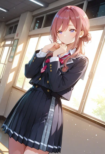 School uniform,school hallway, Tokidoki Bosotto Russia-go De Dereru Tonari No Alya-san anime style, ma1ma1helmes_b_illu, 1girl, gakumas, rinami, klskx, 748cmstyle, dutch angle, close-up, BREAK styling pose, fashion pose, bloom, soft lighting, BREAK perfect details, masterpiece, best quality, ultra-detailed, best illustration, high resolution, extremely detailed CG, unity 8k wallpaper, super detailed skin, perfect anatomy, detailed, cinematic lighting, dynamic lighting, light particles, abstract, beautiful detailed eyes, absurdres, very aesthetic, detailed background, depth of field