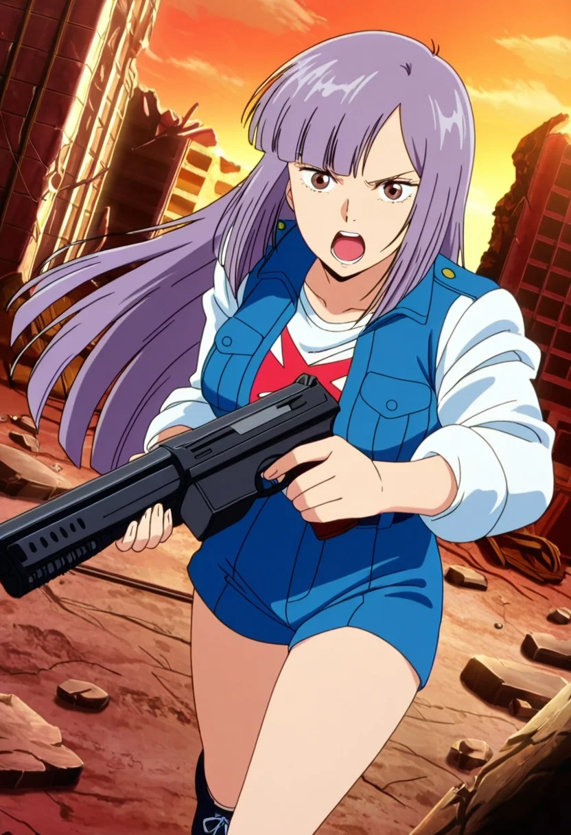 general,highres, ultra-detailed,very aesthetic,best quality ,best hands,best eyes,easynegative,
dynamic anglre, dutch angle, anime cloring,anime screencap,
1girl solo,looking at viewer,holding gun,open mouth, ruins,outdoors, fighting,
Roux Louka,purple hair, long_hair, brown_eyes, huge_breasts,shirt,jacket, short pants,
