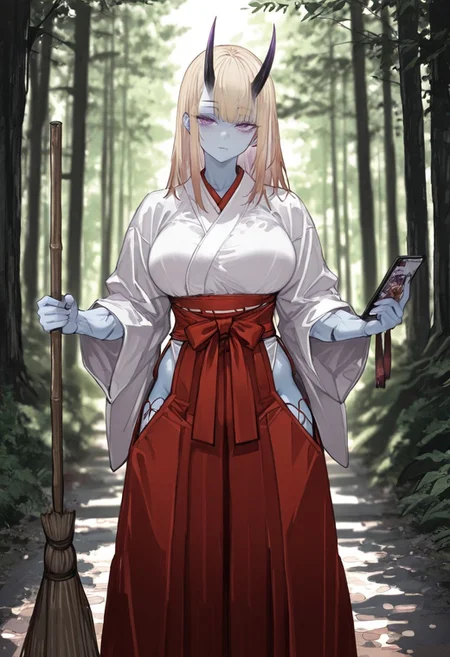 masterpiece, best quality, amazing quality, 1girl, 
 8K, illustrating, CG, detailed-eyes, detailed background, cute girl, eyelashes, lowlight
BREAK
detailed background, eyelashes, erotic, looking seductive, coy. dynamic action image, detailed face, detailed eyes, direct mesmerizing gaze, 
BREAK
(EyesHD:1.2), (4k,8k,Ultra HD), masterpiece, best quality, ultra-detailed, very aesthetic, sharp focus, depth of field, ray tracing, best lighting, detailed illustration, detailed background, cinematic, beautiful face, beautiful eyes,
BREAK
(sexy, slutty, hot, aroused), 
Aka-Oni, oni, colored skin, light blue skin, smooth horns, black horns,  muscular female, large muscles, blonde hair
BREAK
miko, japanese clothes, red hakama, white kimono, tree, (forest), broom, holding broom, sweeping, hakama short skirt, hip vent, (torii:0.9), looking at viewer,, blurry, blurry background, purple eyes,