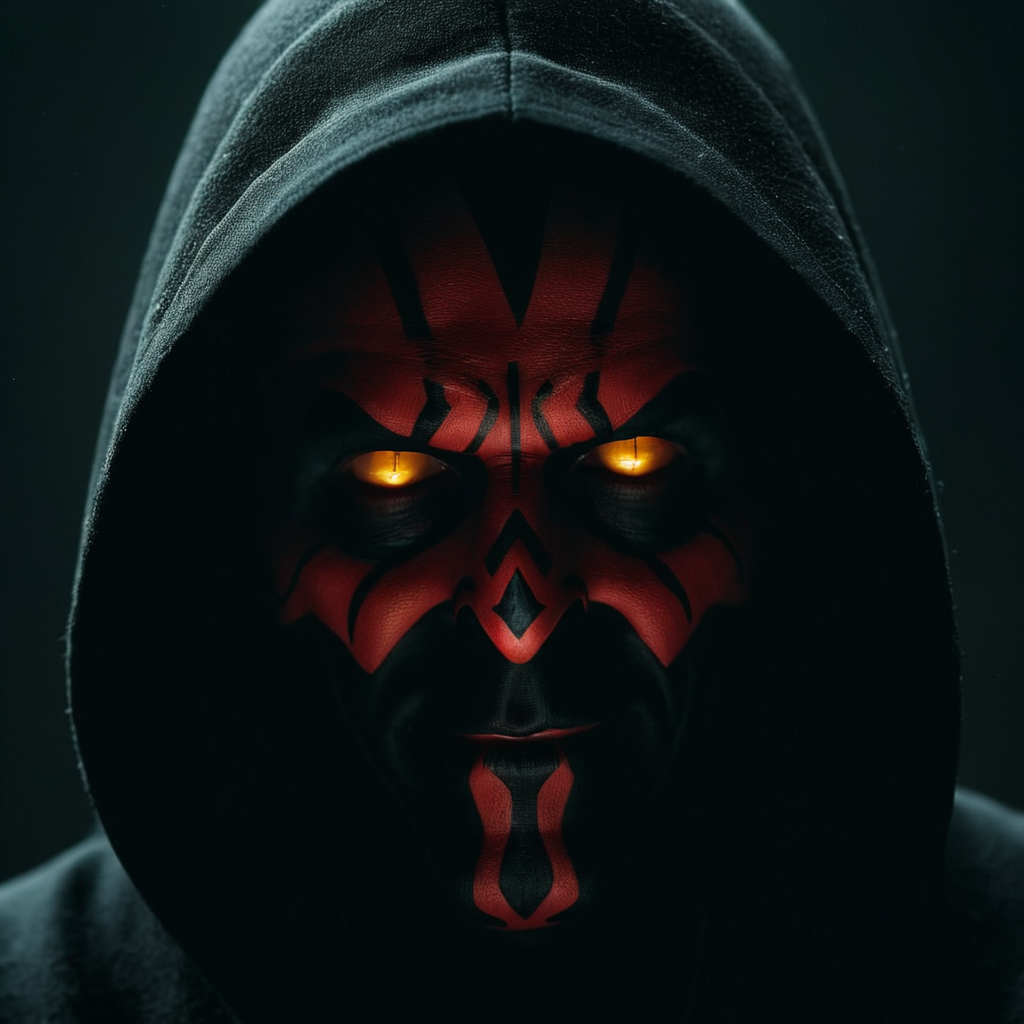 cinematic film still of  <lora:perfect sclera eye style v2:0.3> very big eyes  Darth Maul
In perfect eye style a photo of a Yellow sclera eyes of a man with a hood on and a darth face, sharp, detailed, cinematic, Yellow sclera eye style, Yellow eyes style, solo, looking at viewer, 1boy, yellow eyes, male focus, hood, tattoo, mask, glowing, portrait, glowing eyes, hood up, grey background, black background, smile, red eyes, sith sith <lora:Darth Maul:0.8>, shallow depth of field, vignette, highly detailed, high budget, bokeh, cinemascope, moody, epic, gorgeous, film grain, grainy