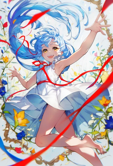 score_9, score_8_up, score_7_up, score_6_up, <lora:MikaPikaZoXL_Js2_lokr_V42310:0.95> 1girl, solo, dress, long hair, flower, smile, open mouth, white dress, blue hair, barefoot, white flower, sleeveless, sleeveless dress, looking at viewer, picture frame, outstretched arms, floating hair, :d, ribbon, foot out of frame, blue flower, teeth, red flower, bare arms, bare legs, upper teeth only, neck ribbon, yellow eyes, armpits, red ribbon, very long hair