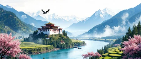 Bhutanese watercolor of the sacred Punakha Dzong fortress standing majestically at the confluence of two crystal-clear rivers, surrounded by terraced rice fields climbing the emerald mountainsides. Traditional prayer flags flutter in the gentle Himalayan breeze, their vibrant colors contrasting against snow-capped peaks in the distance. Cherry blossoms frame the ancient white-walled structure with its distinctive red-banded architecture and golden rooftops shimmering in morning light. Mist clings to the valley floor, partially shrouding dense forests of blue pine and rhododendron. A solitary black-necked crane soars above the peaceful scene. Atmospheric perspective creates depth across multiple mountain ranges fading into blue haze. 8K detail, hyper-realistic textures capturing the delicate interplay of light and shadow across the spiritual landscape. <lora:MushyFunk:0.6> <lora:Synesthesia:0.4> <lora:flux_dev:1>