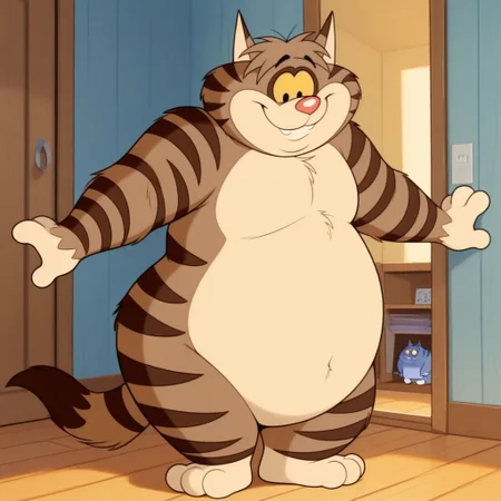masterpiece, best quality, amazing quality, c1yd3, male, furry male, anthro, solo, cat, short hair, brown fur, two-tone fur, dark brown stripes, yellow sclera, black eyes, blue eyelids, red nose, buck teeth, tail, overweight, standing, smile, looking at viewer, indoors, living room