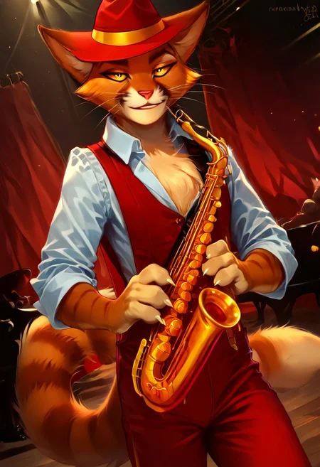 score_9, score_8_up, score_7_up, nsfw, curvy, femboy, DorianZibowski[LACKADAISY], Zib[LACKADAISY], orange fur, orange body, yellow sclera, colored sclera, black pupils, feline, animal ears, anthro, yellow markings, black markings, tail, cat tail, tabby cat, striped fur, striped, pointed ears, eyebrows, smiling, (male anthro cat:1.3), chest tuft, fluffy chest, furry, furry anthro, solo,
red pants, red hat, red fedora, suspenders, white collared shirt, white sleeves, white shirt, red vest,  smokey environment,
playing instrument, playing saxophone, 
half-closed eyes, horny expression, hands, clothed, dutch angle, posing, from front, seductive pose, seductive smile, looking at viewer, standing, 
BREAK
inside, on stage, speakeasy, band, spotlight, ambient light, shadows, cinematic,