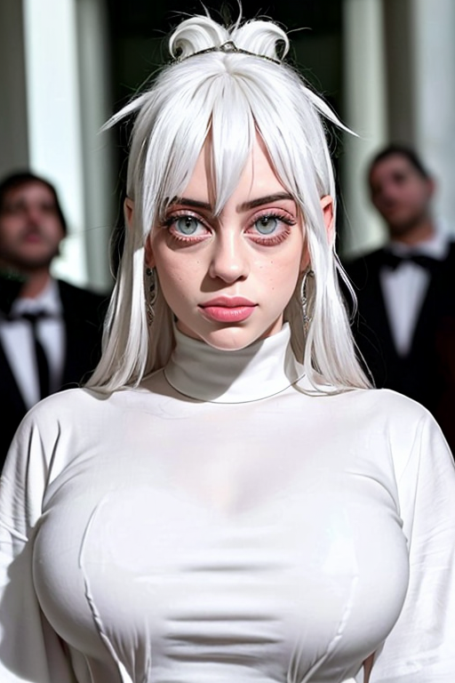b1ll1331ll1sh low contrast, white hair, shoulder-length hair, upper body, looking at viewer, white t-shirt, simple background, white background <lora:eye_size_slider_v1:8> b1ll1331ll1sh