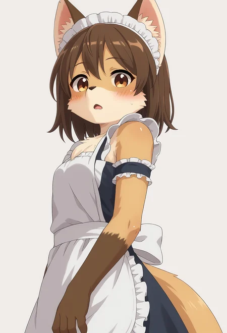 score_9, score_8_up, score_7_up, source_furry, kmc, <lora:FoxGirl_pony_v1:1>, anime screencap, furry female, furry, animal ears, tail, tareme, brown eyes, looking at viewer, blush, fox ears, brown hair, medium hair, open mouth, maid, maid apron, maid headdress, fox tail, upper body, from below side, simple background, white background, <lora:p:0.3> <lora:Anime_Screencap:0.7>