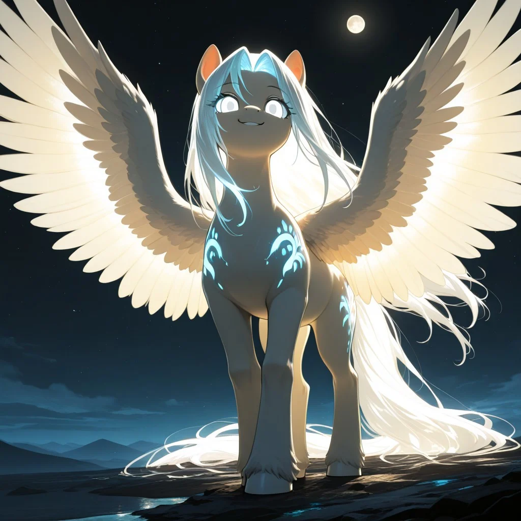 score_9_up, score_8_up, solo, pony body, mlp, Ellenai, Sephiroth (pony:1.4), (  wings made of Light:1.4), ( fur made of light:1.4), (long hair made of light:1.5),very bright glowing white eyes, eyes without pupils, full body, very bright white light, glowing, very bright glowing hair, glowing eyes, bodypaint, white paint,
She flies over a picturesque night sky, the full moon is visible and a wonderful landscape, she herself is depicted as an infinitely powerful goddess of light in all her splendor, she uses her power and radiates divinity,
smile, She looks at the viewer, <lora:uvlight-illu-sqbl-1.00:1><lora:GraphiteSketch_v3_Buns:0.55> gr4ph1t3v3, sketch,, masterpiece, best quality, amazing quality