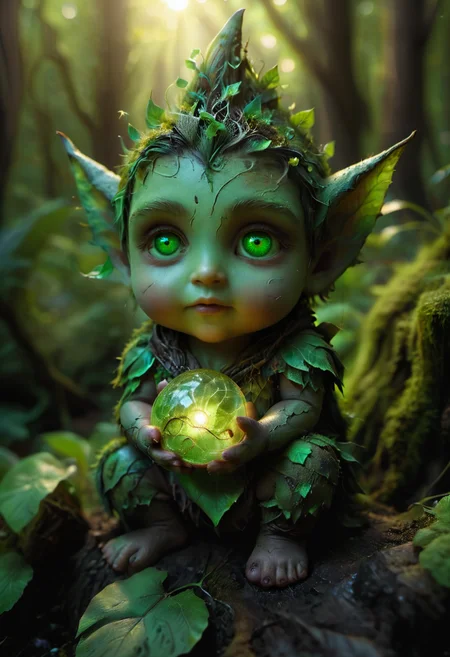 Hyperrealistic art cinematic film still photography in the style of detailed hyperrealism photoshoot, (chubby:0.3) (cute:2.0) [earth golem|tree ent|humanoid|elf|dryad] (male baby gnome:1.3) made of mud, diamond shaped face, holding a glowing neon green iridescent orb in his hands, perfect hands, perfect feet, (green skin:1.3), diaper made out of green leaves, (deep set eyes:1.3), (closed mouth:1.3), (covered in mud:1.5), green face, moss covered face, mud covered face, (mossy hair:1.3), green gem embedded in chest, massive bright green iridescent eyes, perfect iris, perfect pupil, [leather|bark] shoes, hyper detailed textures, detailed skin textures, sitting on a log in a dense [mythical|magical] forrest, facing the viewer, exaggerated facial features, leaf veins, tree, forest, bio, organic, magical, whimsical, fairytale, fantasy, Biomimetic, botanical, bio, organic, earth color pallet,(fantasy:1.3), James Christensen, majestic, awesome, inspiring, bold lines, hyper detailed, golden hour, nightfall, shallow depth of field, wide shot, zoomed out, highly detailed, high budget, bokeh, cinemascope, moody, epic, gorgeous, film grain, grainy, extremely high-resolution details, photographic, realism pushed to extreme, fine texture, incredibly lifelike, <lora:Stunning_eyes_2:0.1>, <lora:DonML34fXL:0.8>, DonML34fXL,  <lora:MudLooksLike-SDXL-PAseer:0.4>,  <lora:glowneon_xl_v1:0.5>, glowneon,  <lora:- SDXL - vanta-black_contrast_V3.0:1.0>,  <lora:RMSDXL_Darkness_Cinema:0.7>,  <lora:zavy-cntrst-sdxl:0.6>,   <lora:ral-mytfrst:0.5> ral-mytfrst ,