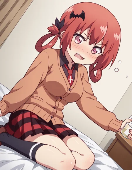 score_9, score_8_up, score_7_up, source_anime, <lora:satanichia-kurumizawa-mcdowell-s1-ponyxl-lora-nochekaiser:1>, satanichia kurumizawa mcdowell, hair ornament, red hair, hair rings, bat hair ornament, pink eyes, skin fang, large breasts,, skirt, shirt, school uniform, pleated skirt, necktie, shoes, socks, collared shirt, plaid, kneehighs, black shirt, plaid skirt, cardigan, black socks, inverted cross, brown cardigan,, indoors, bed, bed room, on side, blush, drunk,, , , hand holding a cup, solo,, cowboy shot, dutch angle