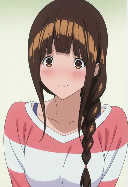 masterpiece, best quality, amazing quality, anime coloring, anime screencap, 1girl, <lora:DX888MihoIL:1>, azuki miho, brown hair, brown eyes, single braid, hair over shoulder, blunt bangs, smile, blush, sleeveless sweater, multicolored sweater, off-shoulder sweater, tied sweater, BREAK simple background, green background, , dynamic pose, twirling hair,