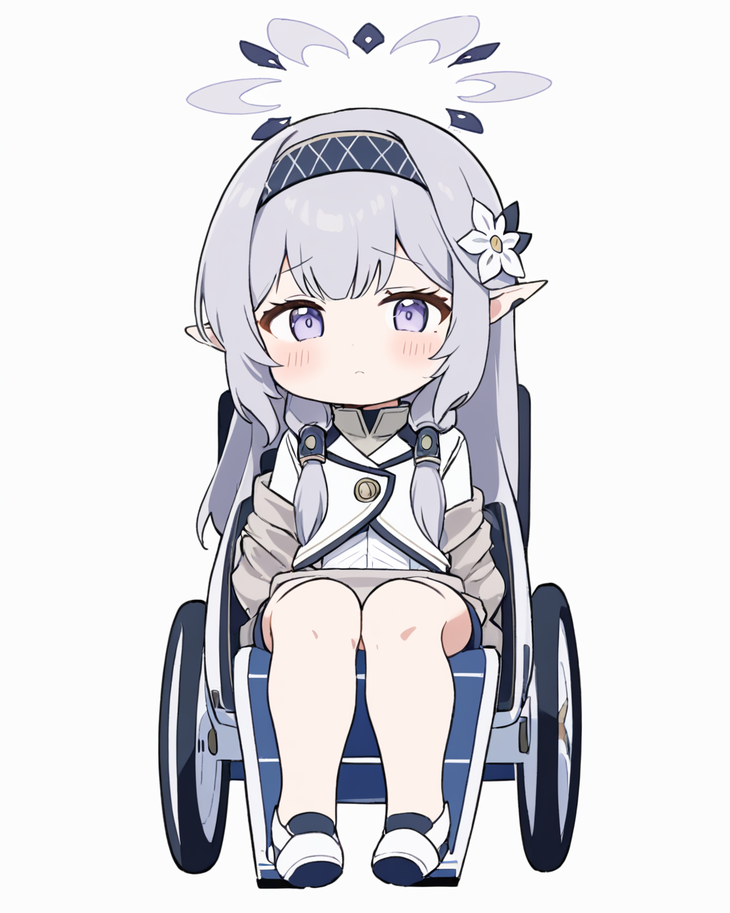 himari \(blue archive\),wheelchair, 1girl, solo, white_jacket, emphasis_lines, chibi, mole_under_eye, hair_flower, white_background, halo, full_body, :d, looking_away, long_sleeves, black_hairband, knees_up, blush, hair_tubes, grey_jacket, ahoge, striped
<lora:himari_(blue_archive)_image1099_2023-11-27:1>halo. gorgeous,key visual, vibrant, studio anime,award-winning, professional, highly detailed,high budget, cinemascope