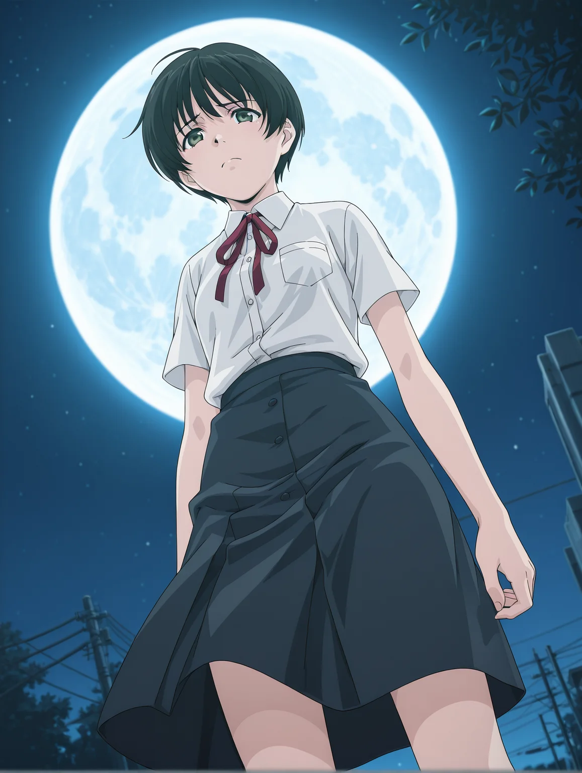 <lora:interlude-v2:0.8> 1girl, solo, s4egu5a, shirt, neck ribbon, skirt, frown, from below, night, dynamic angle, moon