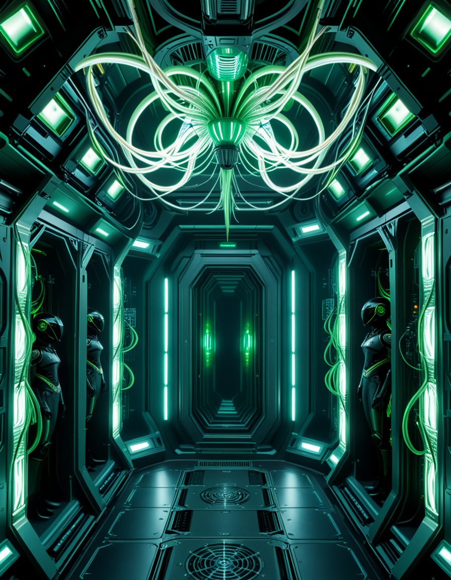 A dark, oppressive regeneration chamber deep within a Borg vessel â a biomechanical environment where drones return to recharge and interface with the collective. The chamber is dimly lit with pulsating green and white lights that flicker through dense shadows. The walls are lined with vertical alcoves, each containing a Borg drone standing motionless, plugged into the system via biomechanical tendrils, tubes, and neural interfaces embedded into their bodies.
The surfaces of the room are a fusion of metallic plating, organic texture, and cybernetic growths â as if the ship itself is alive, constantly shifting and adapting. Steam hisses softly from vents near the floor, and faint mechanical whirring echoes through the chamber. Fiber optic cables pulse with data transmissions, running across the ceiling like glowing veins. 
Above, a central neural conduit hangs like a mechanical spine from the ceiling, branching out and connecting to each alcove, feeding the collective hive mind with real-time information. The atmosphere is cold, sterile, and unnervingly silent â a place devoid of individuality, where only the will of the collective exists. There is no comfort here, only efficiency, order, and total control. 
<lora:SDXLFaeTastic2400:0.4> <lora:extremely_detailed:0.4> extremely detailed,<lora:borg_recharge_ch4mb3r:1>,borg recharge ch4mb3r, Masterpiece,best quality,hi res,8k,hi res,8k,award winning,(sharp focus, intricate, highly detailed),