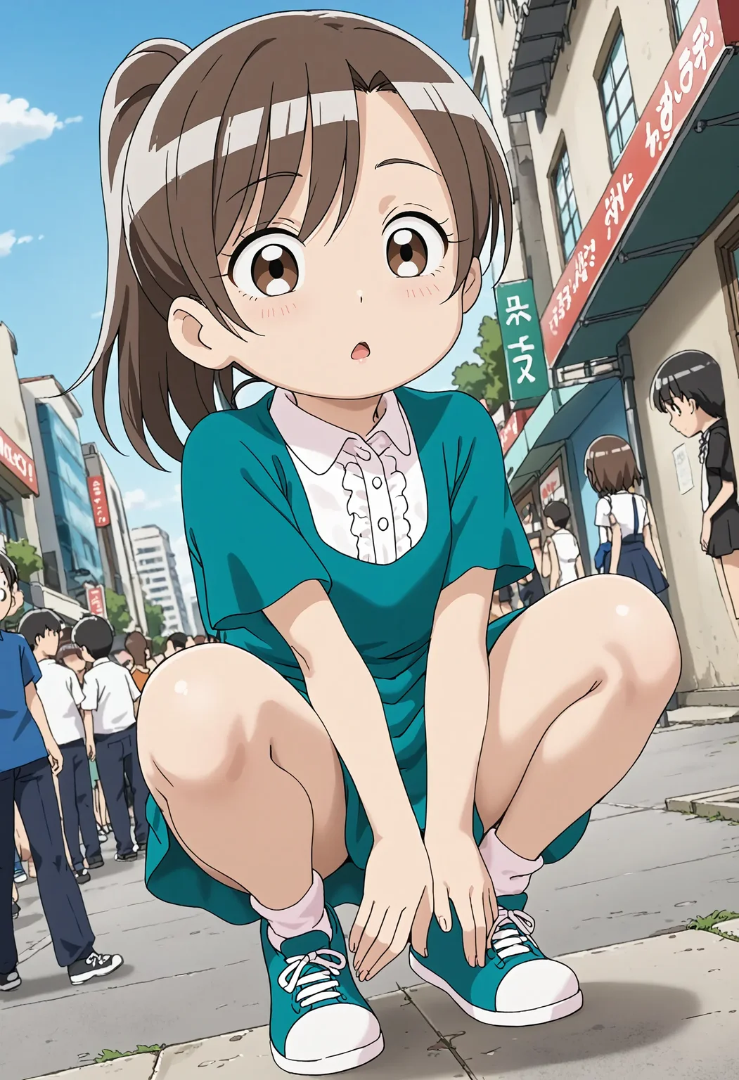 <lora:Hyper-SDXL-8steps-lora:1> <lora:Fixhands_anime_bdsqlsz_V1:1> zPDXL2, score_9, score_8_up, score_7_up, source_anime, intricate details, perfect anatomy BREAK
outdoors, city, tokyo, japan, audience, crowd, squatting, arms between legs, dutch angle, hands, hanging hair, head tilt, looking at viewer, Surprised, Wide-open eyes, a raised brow, and an open mouth., 1girl, solo, solo focus,
<lora:MAR-minatomo_madoka_XL(pony)v10:1> MAR-madoka, brown hair, ponytail, brown eyes, MAR-madoka outfit, green dress, white socks, green shoes,